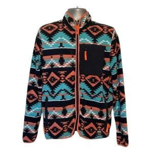 WESC Aztec Print Fleece Jacket Mens M Southwestern Tribal Full Zip Coral Teal